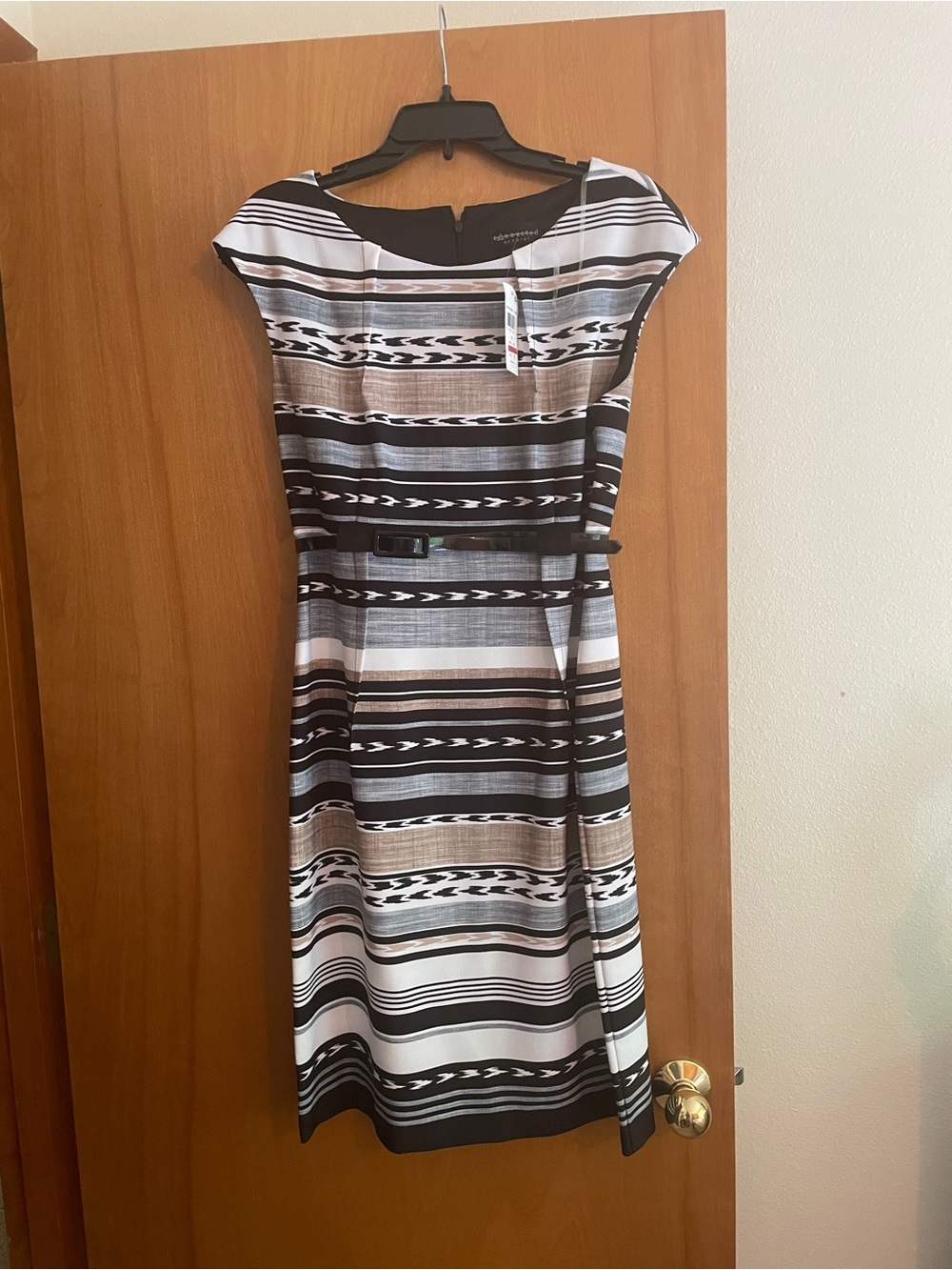 connected apparel Black, White and Gray Striped Belted Midi Dress